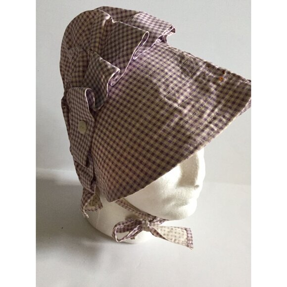 Vtg 1960's Cotton Prairie Bonnet Button Scallop Edges Purple And White Gingham - Picture 8 of 9